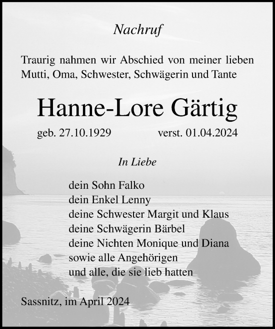 Traueranzeige von Hanne-Lore Gärtig von Ostsee-Zeitung GmbH