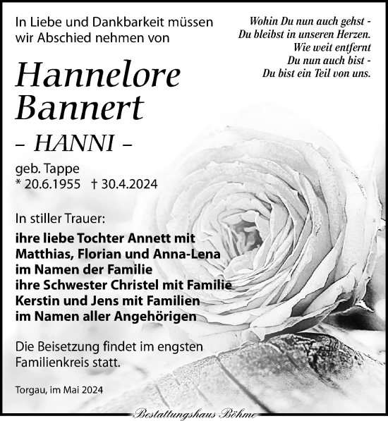Traueranzeige von Hannelore Bannert von Torgauer Zeitung
