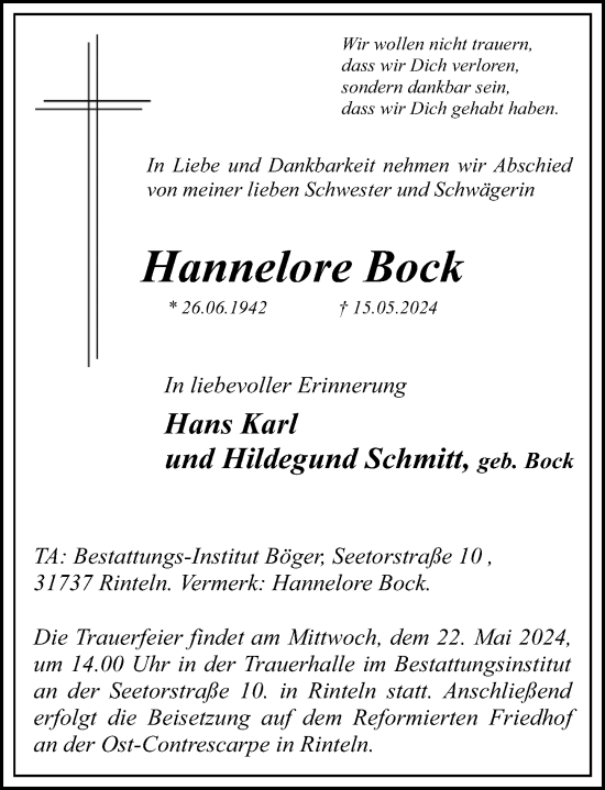 Traueranzeige von Hannelore Bock von Schaumburger Nachrichten und Schaumburger Zeitung/ Landes-Zeitung