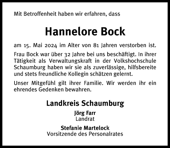 Traueranzeige von Hannelore Bock von Schaumburger Nachrichten