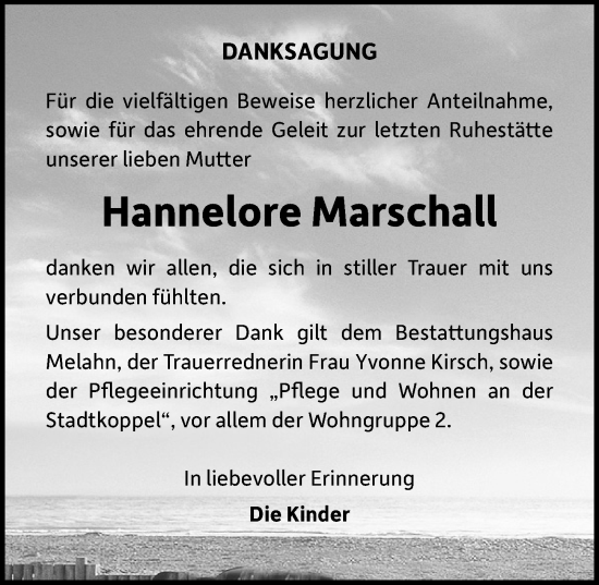 Traueranzeige von Hannelore Marschall von Ostsee-Zeitung GmbH