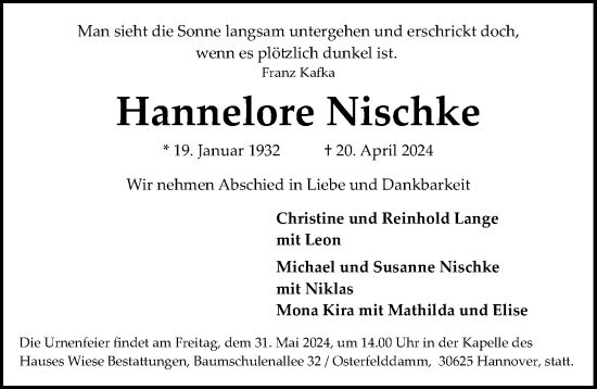 Traueranzeige von Hannelore Nischke von Hannoversche Allgemeine Zeitung/Neue Presse