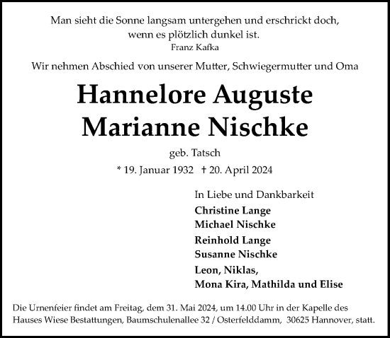 Traueranzeige von Hannelore Auguste Marianne Nischke von Hannoversche Allgemeine Zeitung/Neue Presse