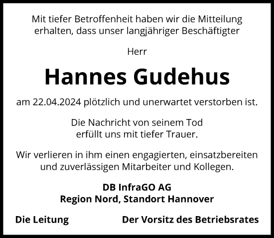 Traueranzeige von Hannes Gudehus von Hannoversche Allgemeine Zeitung/Neue Presse