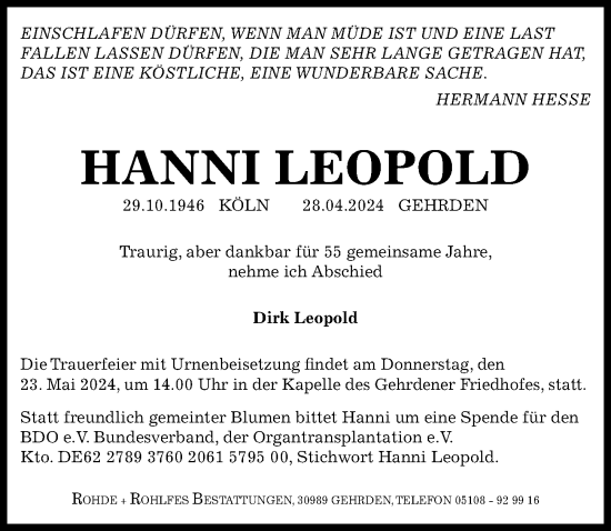 Traueranzeige von Hanni Leopold von Hannoversche Allgemeine Zeitung/Neue Presse