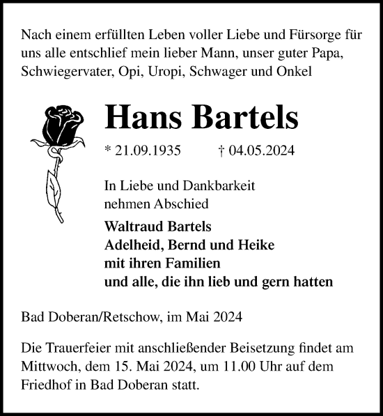 Traueranzeige von Hans Bartels von Ostsee-Zeitung GmbH