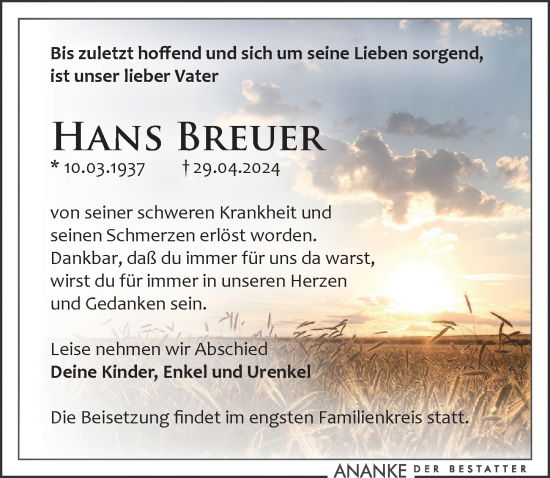 Traueranzeige von Hans Breuer von Leipziger Volkszeitung