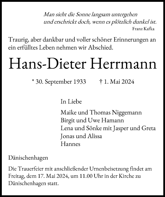 Traueranzeige von Hans-Dieter Herrmann von Kieler Nachrichten
