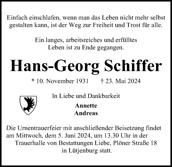 Traueranzeige von Hans-Georg Schiffer von Kieler Nachrichten