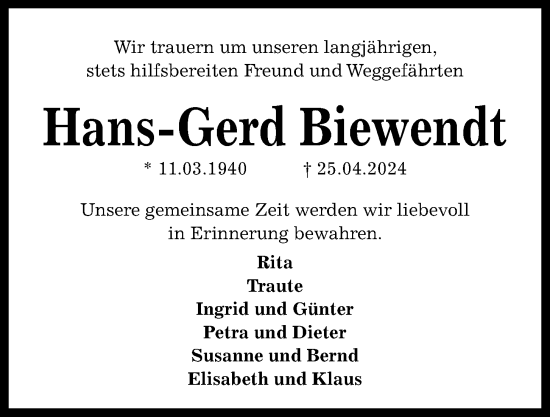 Traueranzeige von Hans-Gerd Biewendt von Kieler Nachrichten