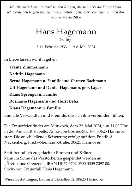 Traueranzeige von Hans Hagemann von Hannoversche Allgemeine Zeitung/Neue Presse
