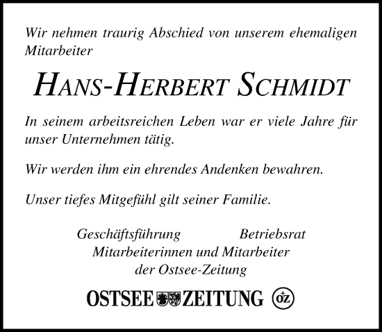 Traueranzeige von Hans-Herbert Schmidt von Ostsee-Zeitung GmbH