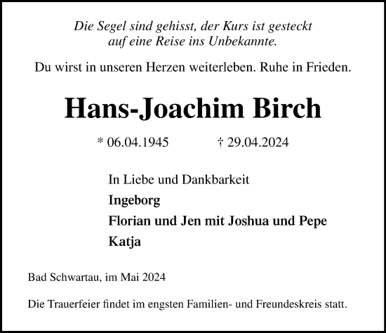 Traueranzeige von Hans-Joachim Birch von Lübecker Nachrichten
