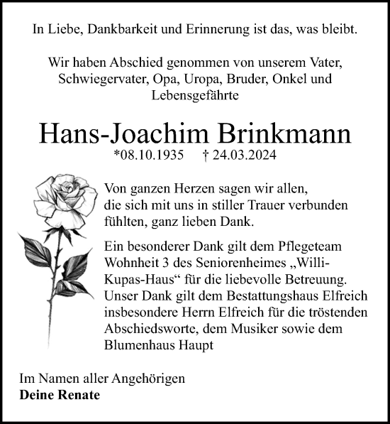 Traueranzeige von Hans-Joachim Brinkmann von Wochenspiegel