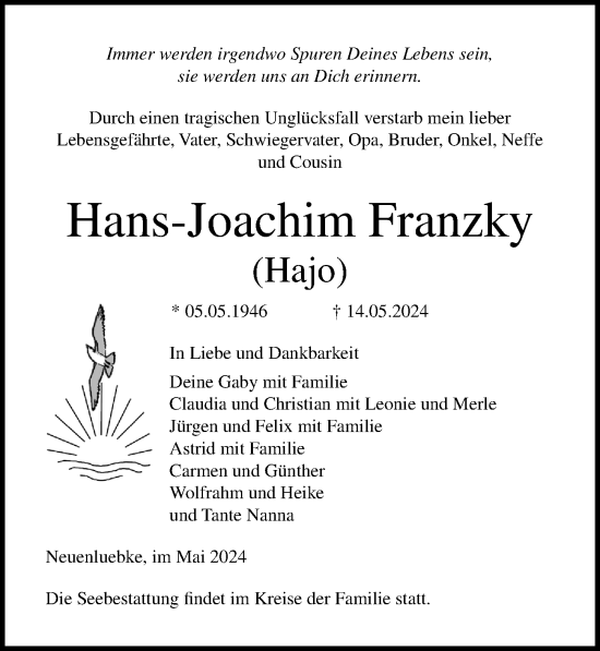 Traueranzeige von Hans-Joachim Franzky von Ostsee-Zeitung GmbH