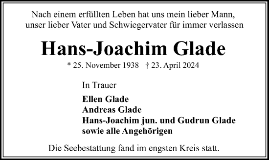 Traueranzeige von Hans-Joachim Glade von Lübecker Nachrichten