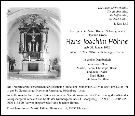 Traueranzeige von Hans-Joachim Höhne von Lübecker Nachrichten