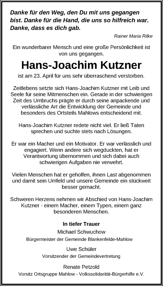 Traueranzeige von Hans-Joachim Kutzner von Märkischen Allgemeine Zeitung