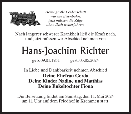 Traueranzeige von Hans-Joachim Richter von Märkischen Allgemeine Zeitung