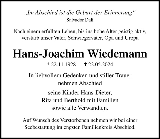 Traueranzeige von Hans-Joachim Wiedemann von Ostsee-Zeitung GmbH