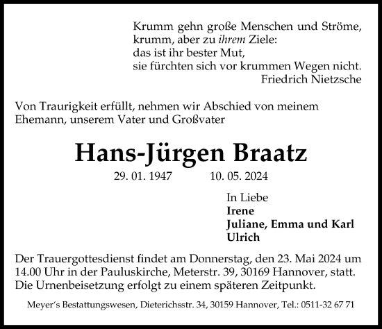Traueranzeige von Hans-Jürgen Braatz von Hannoversche Allgemeine Zeitung/Neue Presse