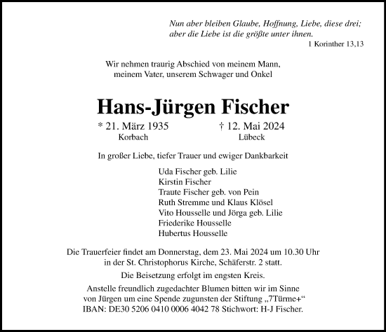 Traueranzeige von Hans-Jürgen Fischer von Lübecker Nachrichten