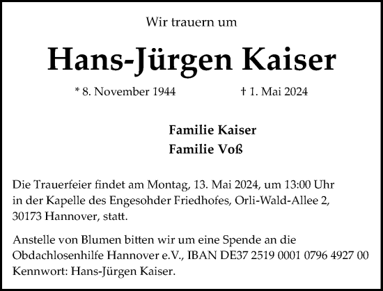 Traueranzeige von Hans-Jürgen Kaiser von Hannoversche Allgemeine Zeitung/Neue Presse