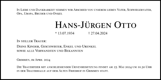 Traueranzeige von Hans-Jürgen Otto von Ostsee-Zeitung GmbH