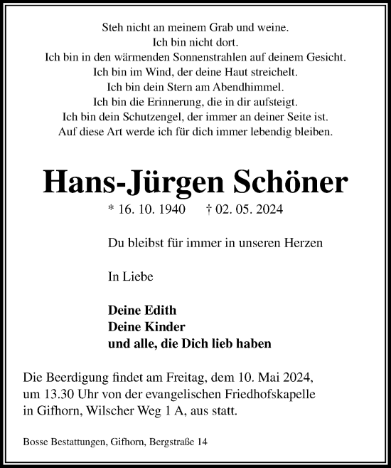 Traueranzeige von Hans-Jürgen Schöner von Aller Zeitung