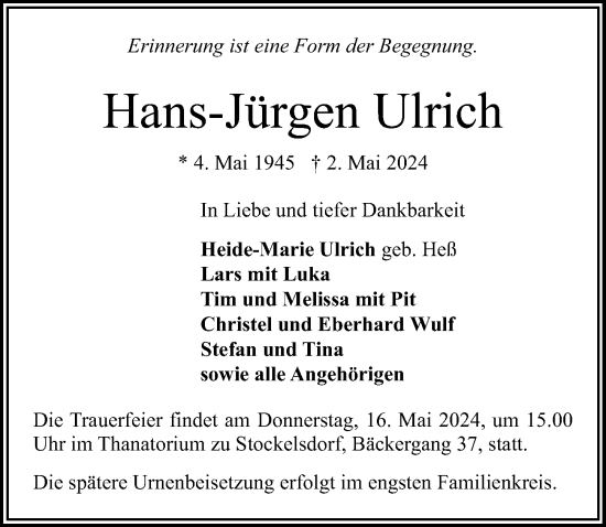 Traueranzeige von Hans-Jürgen Ulrich von Lübecker Nachrichten