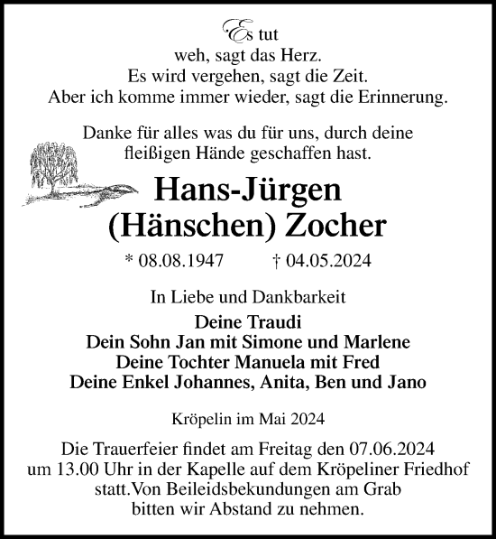 Traueranzeige von Hans-Jürgen Zocher von Ostsee-Zeitung GmbH