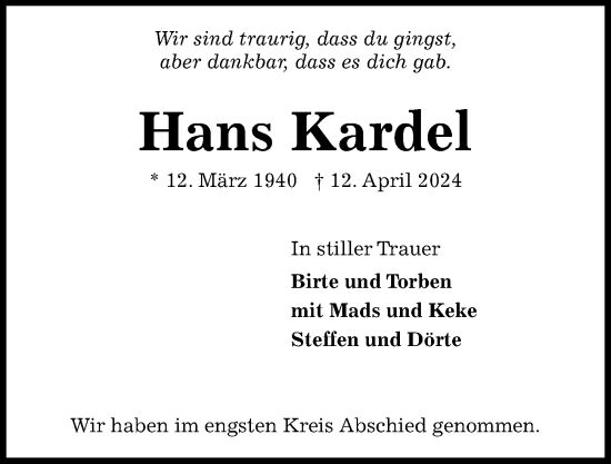Traueranzeige von Hans Kardel von Kieler Nachrichten
