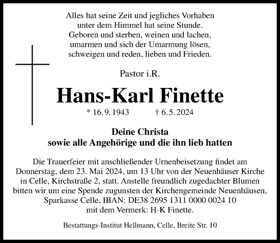 Traueranzeige von Hans-Karl Finette von Hannoversche Allgemeine Zeitung/Neue Presse