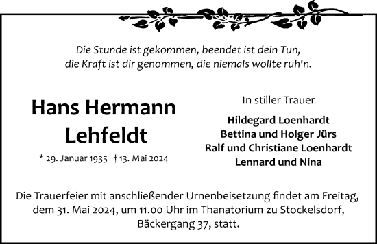 Traueranzeige von Hans Lehfeldt von Lübecker Nachrichten