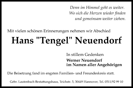 Traueranzeige von Hans Neuendorf von Hannoversche Allgemeine Zeitung/Neue Presse