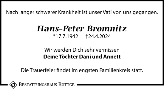 Traueranzeige von Hans-Peter Bromnitz von Leipziger Volkszeitung