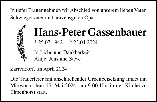 Traueranzeige von Hans-Peter Gassenbauer von Ostsee-Zeitung GmbH