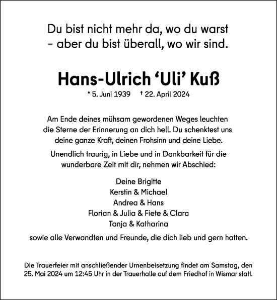 Traueranzeige von Hans-Ulrich  Kuß von Ostsee-Zeitung GmbH