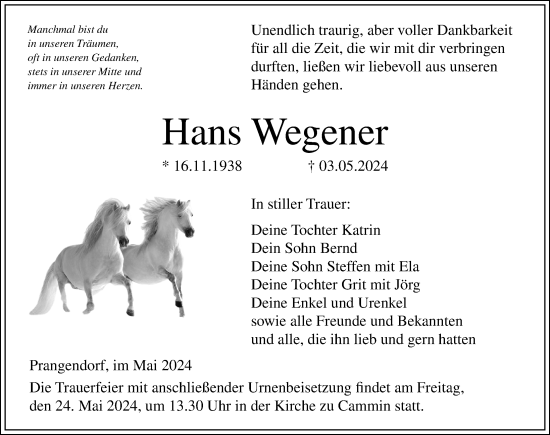 Traueranzeige von Hans Wegener von Ostsee-Zeitung GmbH