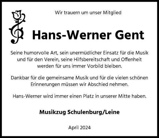 Traueranzeige von Hans-Werner Gent von Hannoversche Allgemeine Zeitung/Neue Presse