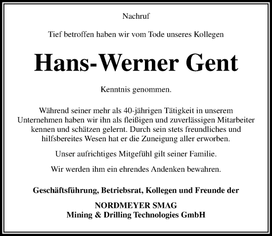 Traueranzeige von Hans-Werner Gent von Hannoversche Allgemeine Zeitung/Neue Presse