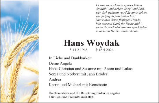 Traueranzeige von Hans Woydak von Lübecker Nachrichten