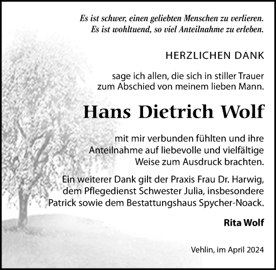 Traueranzeige von Hans Dietrich Wolf von Wochenspiegel