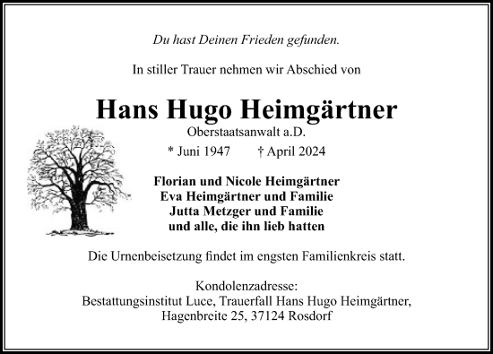 Traueranzeige von Hans Hugo Heimgärtner von Göttinger Tageblatt