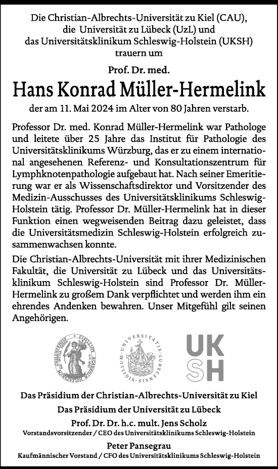 Traueranzeige von Hans Konrad Müller-Hermelink von Lübecker Nachrichten