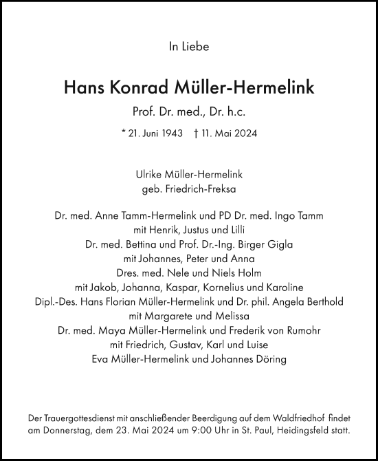 Traueranzeige von Hans Konrad Müller-Hermelink von Kieler Nachrichten