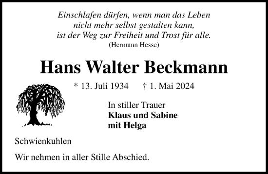 Traueranzeige von Hans Walter Beckmann von Lübecker Nachrichten