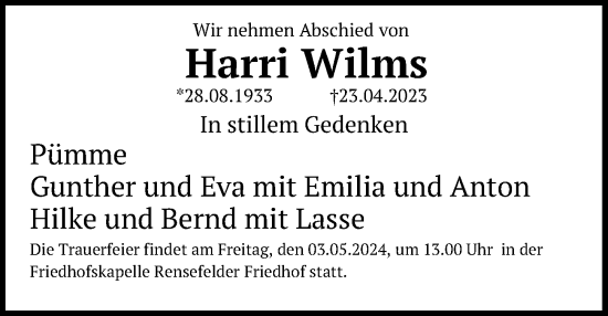 Traueranzeige von Harri Wilms von Lübecker Nachrichten