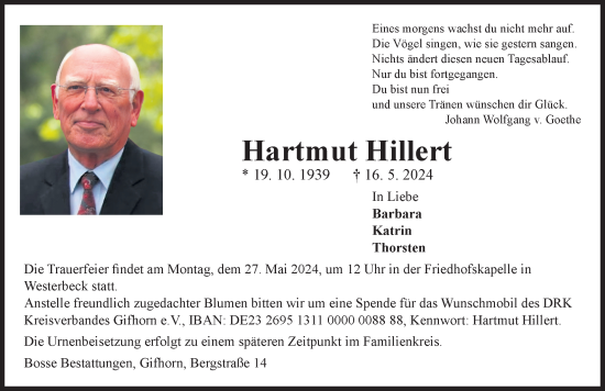 Traueranzeige von Hartmut Hillert von Aller Zeitung