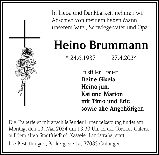 Traueranzeige von Heino Brummann von Göttinger Tageblatt